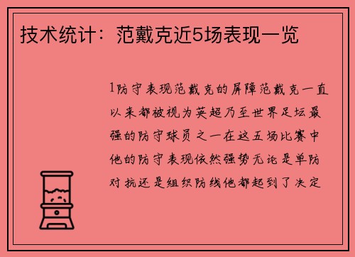 技术统计：范戴克近5场表现一览