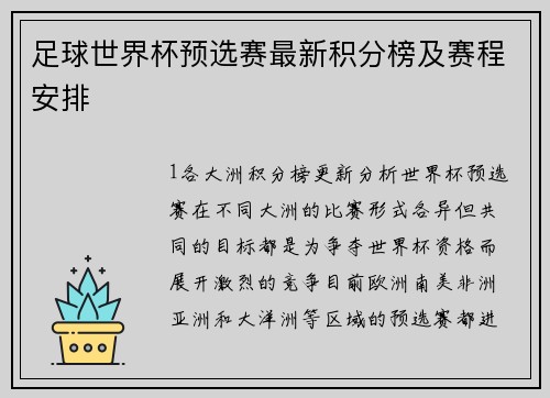 足球世界杯预选赛最新积分榜及赛程安排
